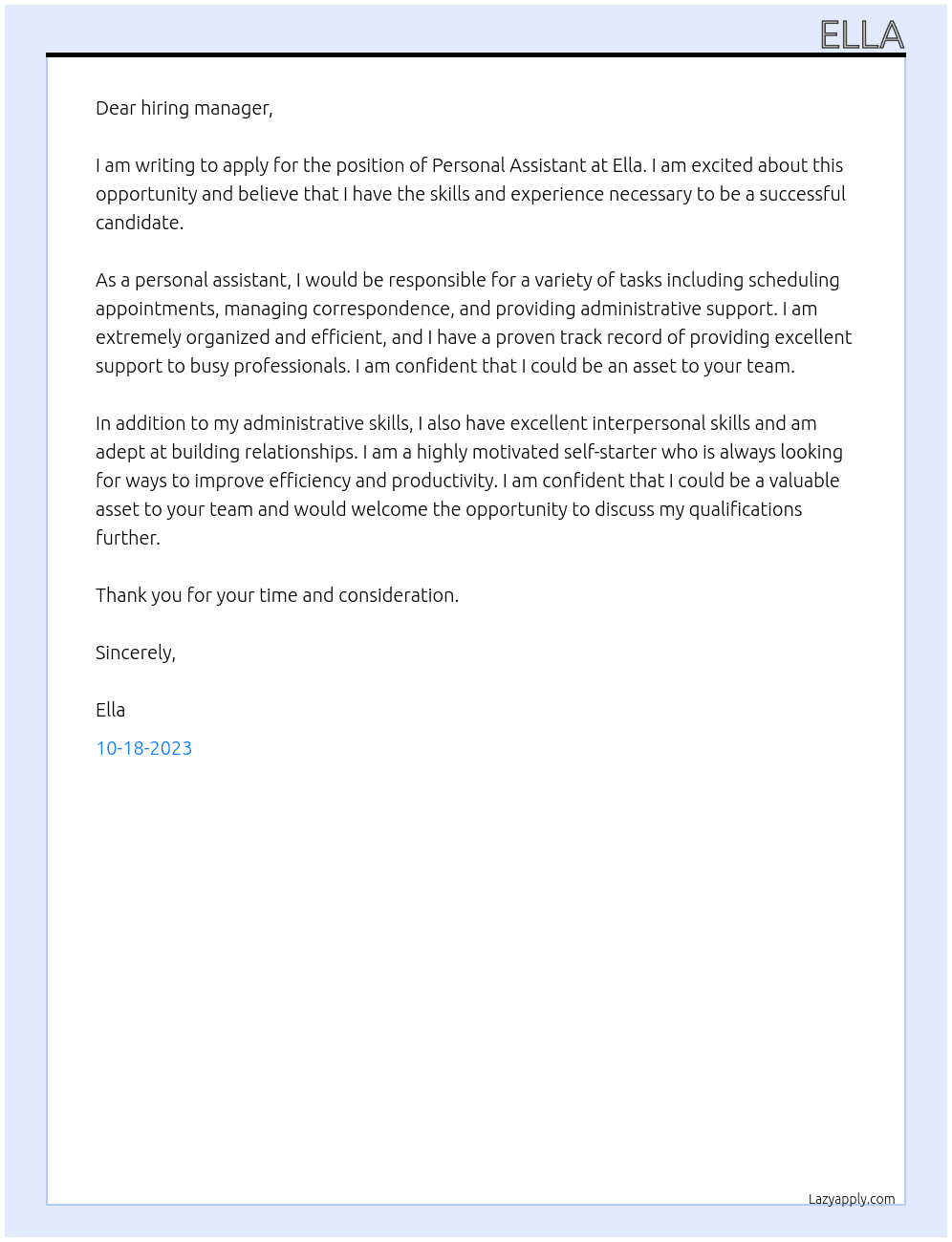 Personal Assistant At Ella Cover Letter