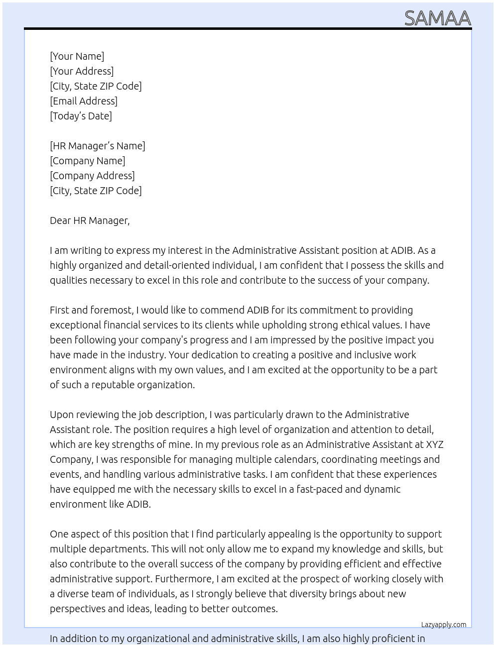 Administrative Assistant At ADIB Cover Letter