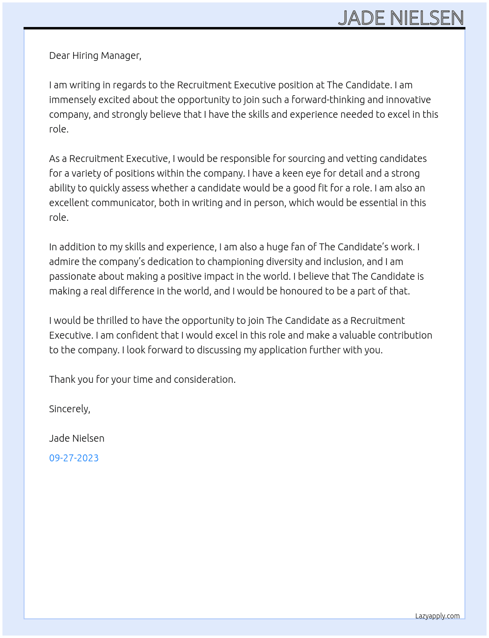 Recruitment Executive  At The Candidate Cover Letter