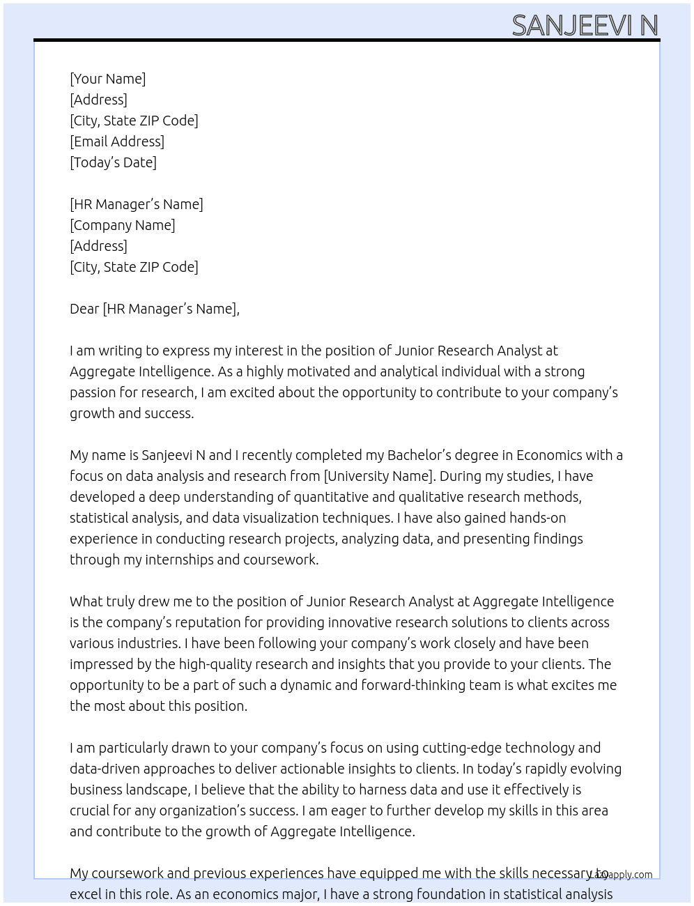 Junior research analyst At Aggregate intelligence Cover Letter