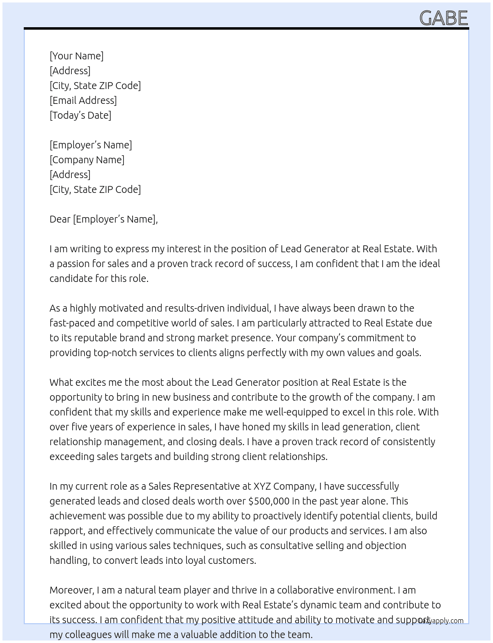 Lead Generator  At Real estate  Cover Letter