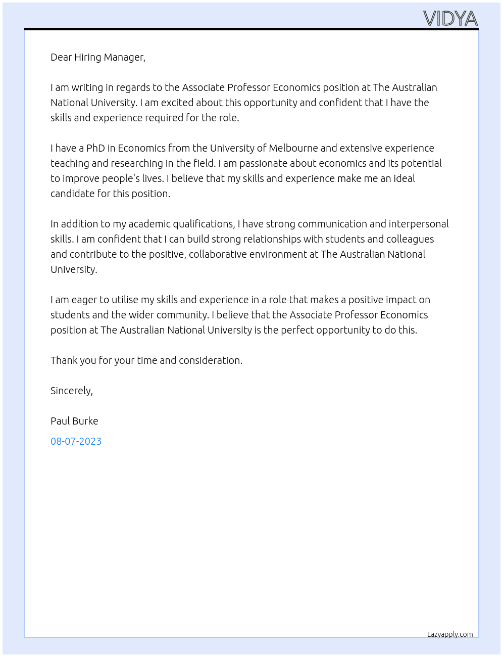 Associate professor economics At The Australian National University  Cover Letter