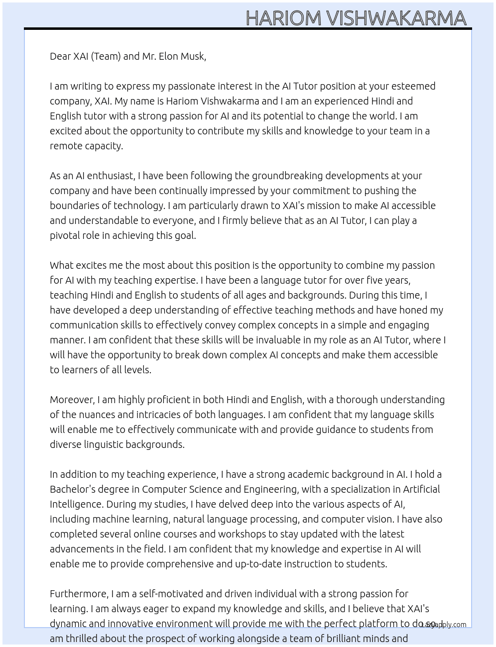 AI TUTOR ( REMOTE )  At XAI  Cover Letter