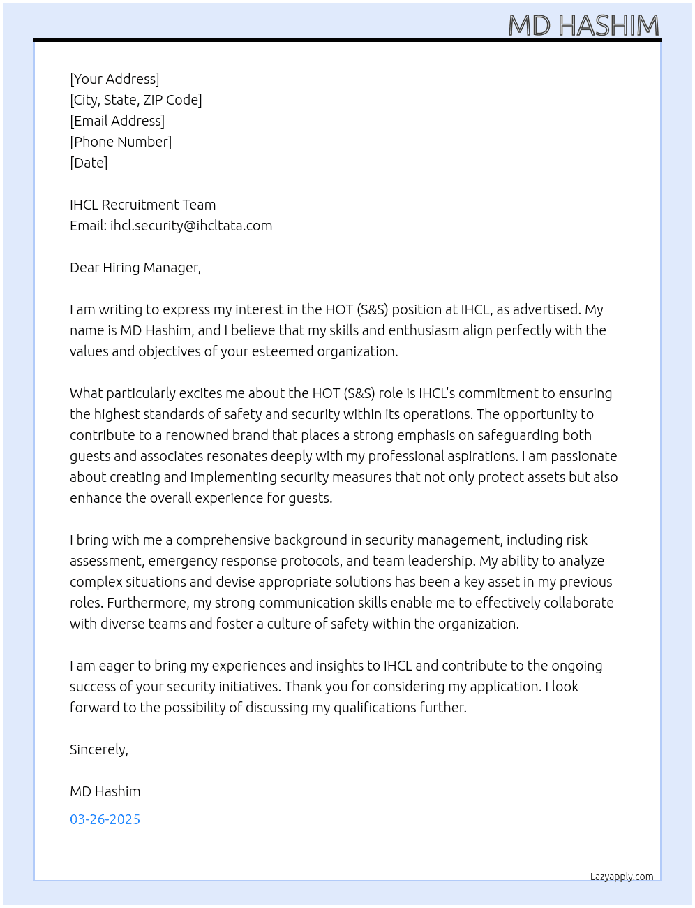 HOT (S&S) At IHCL  Cover Letter