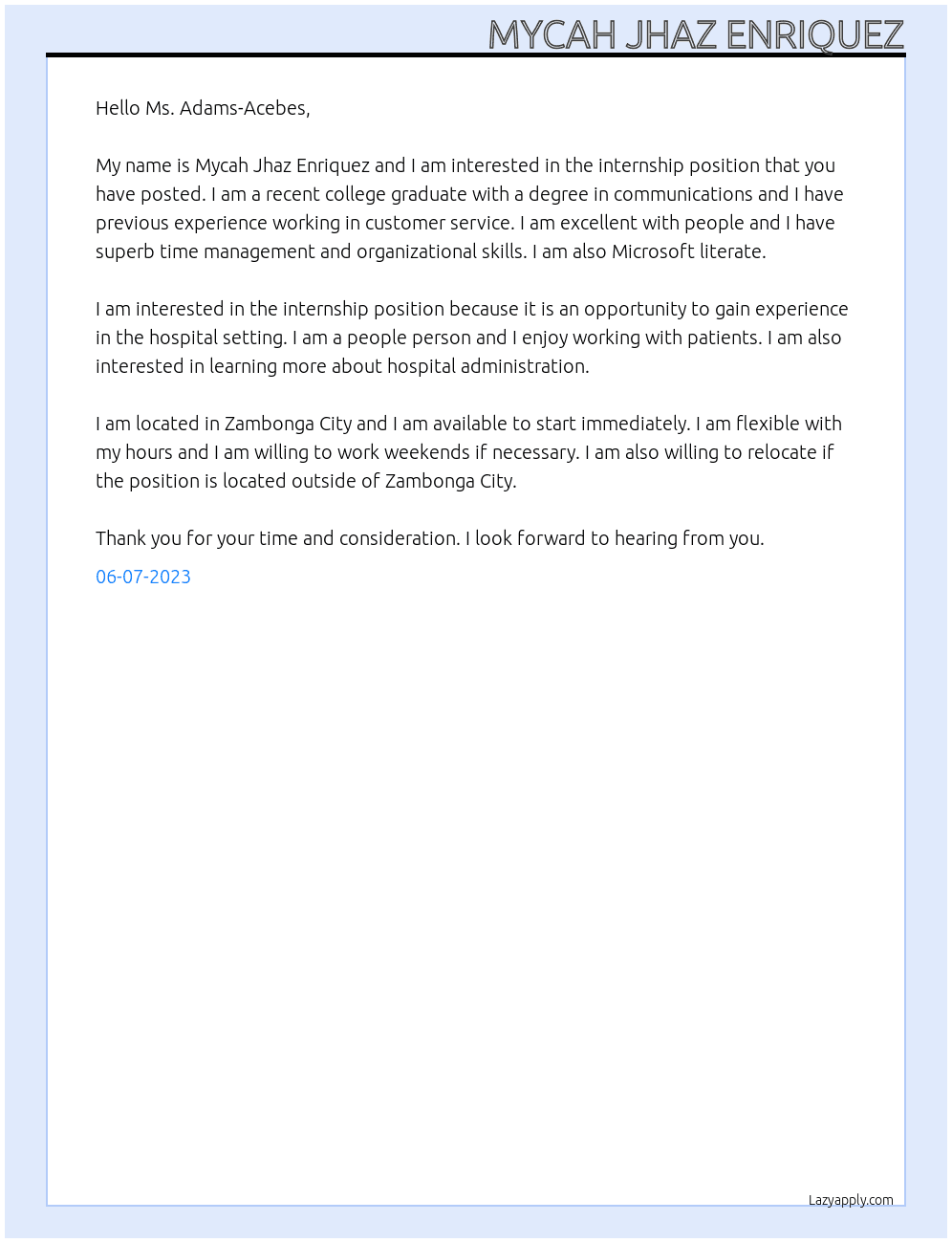 Internship At Brent hospital Cover Letter