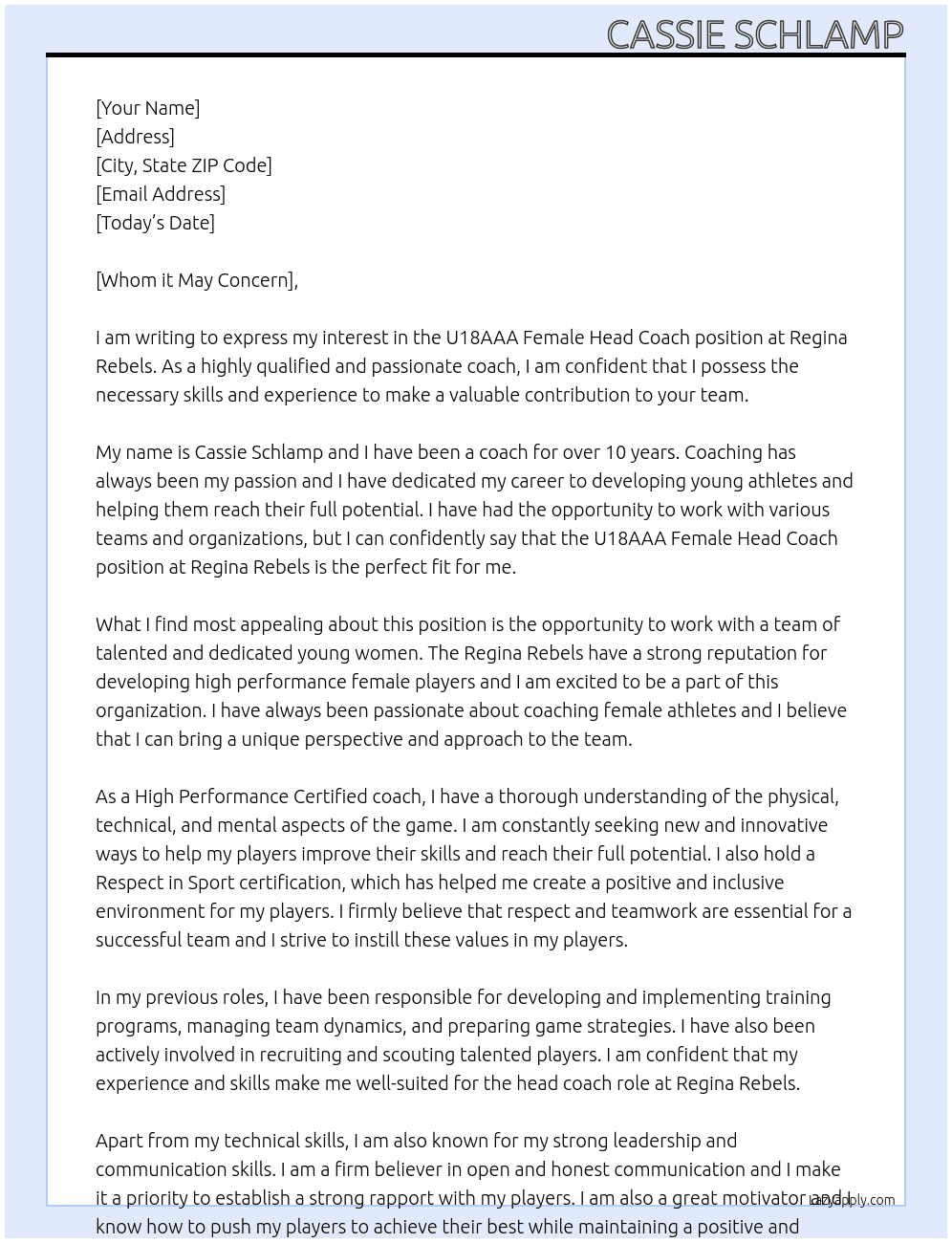 U18AAA Female Head Coach At Regina Rebels Cover Letter