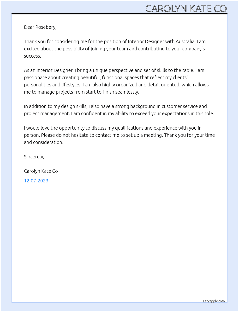 Interior Designer At Australia Cover Letter
