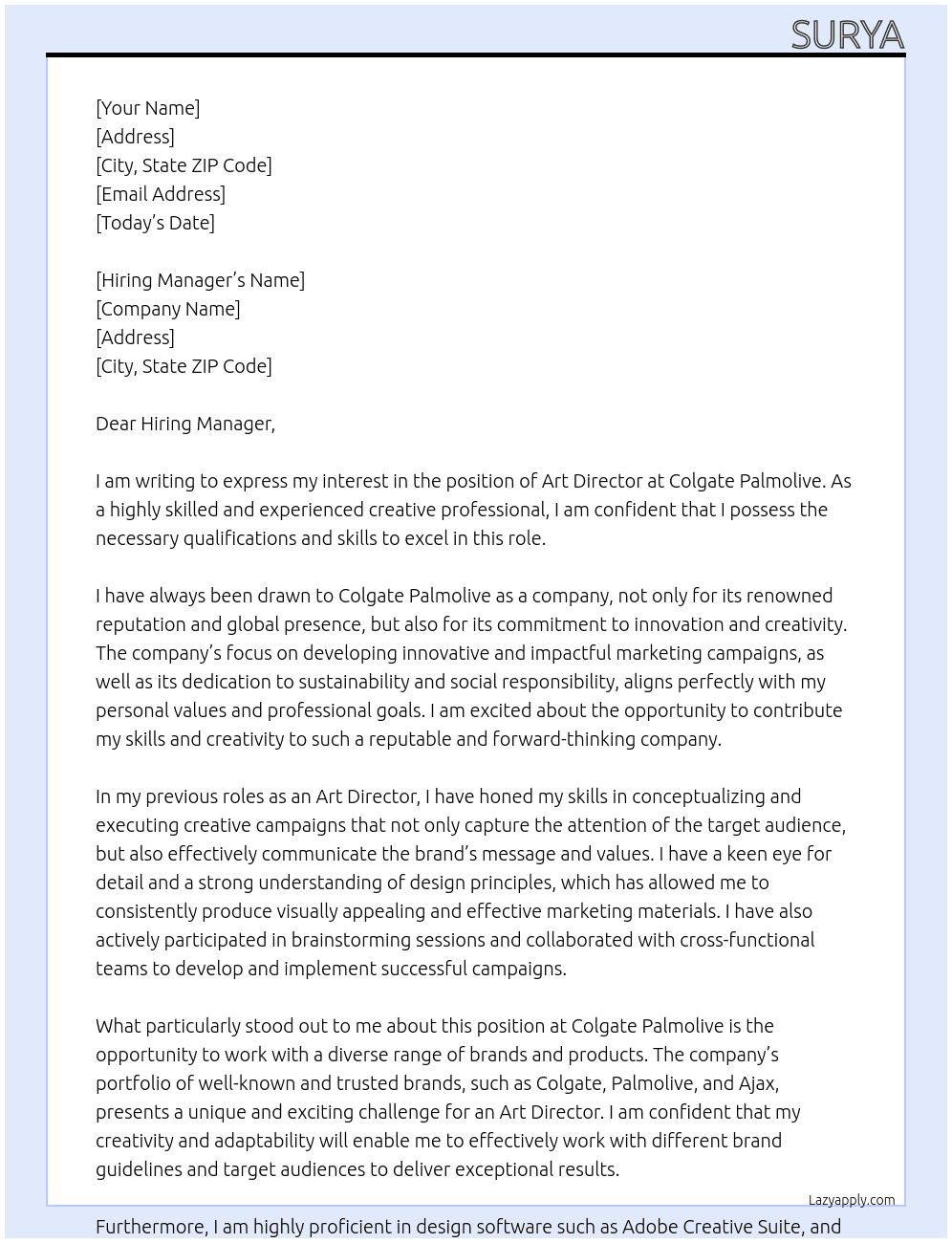Art Director At Colgate Palmolive Cover Letter