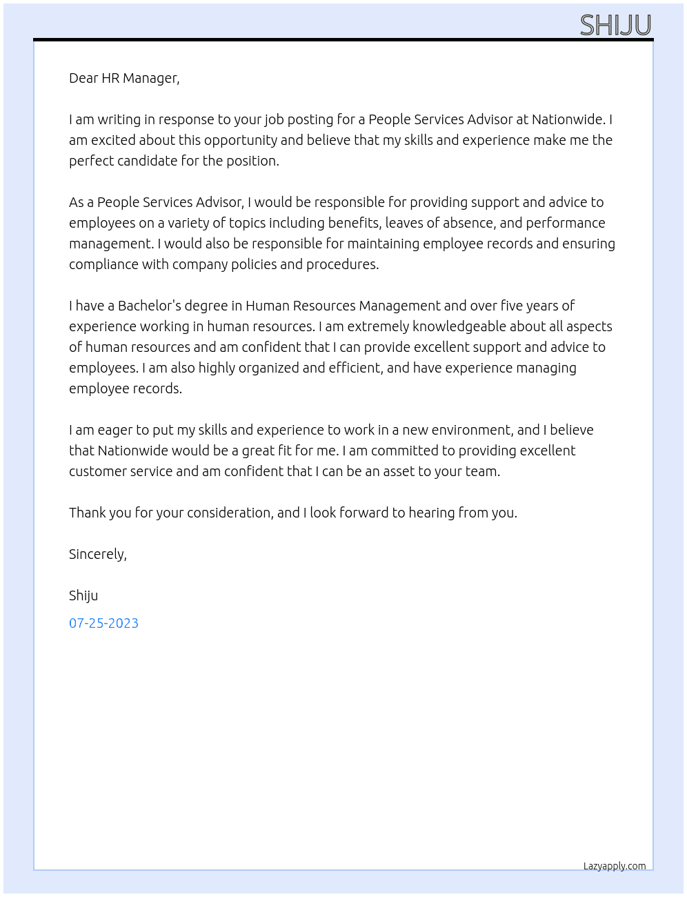 People Services Advisor At Nationwide Cover Letter