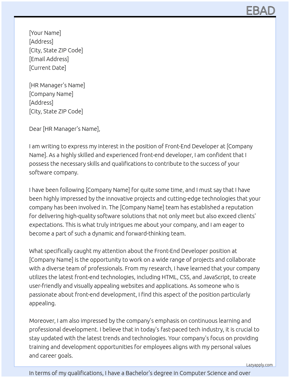front-end developer At softwere company Cover Letter