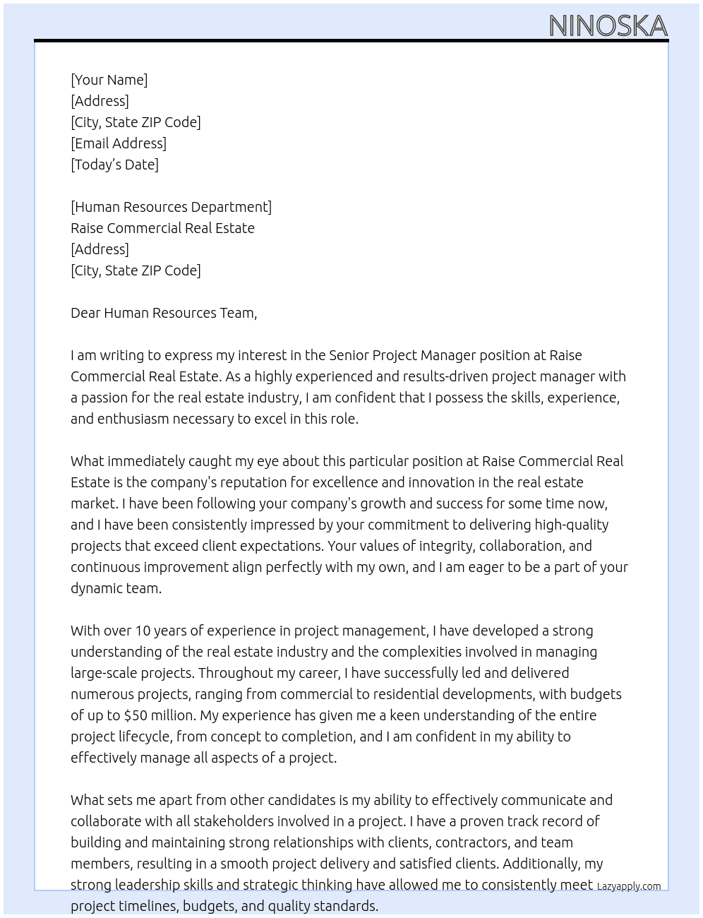 senior project manager At Raise Commercia Real Estate Cover Letter