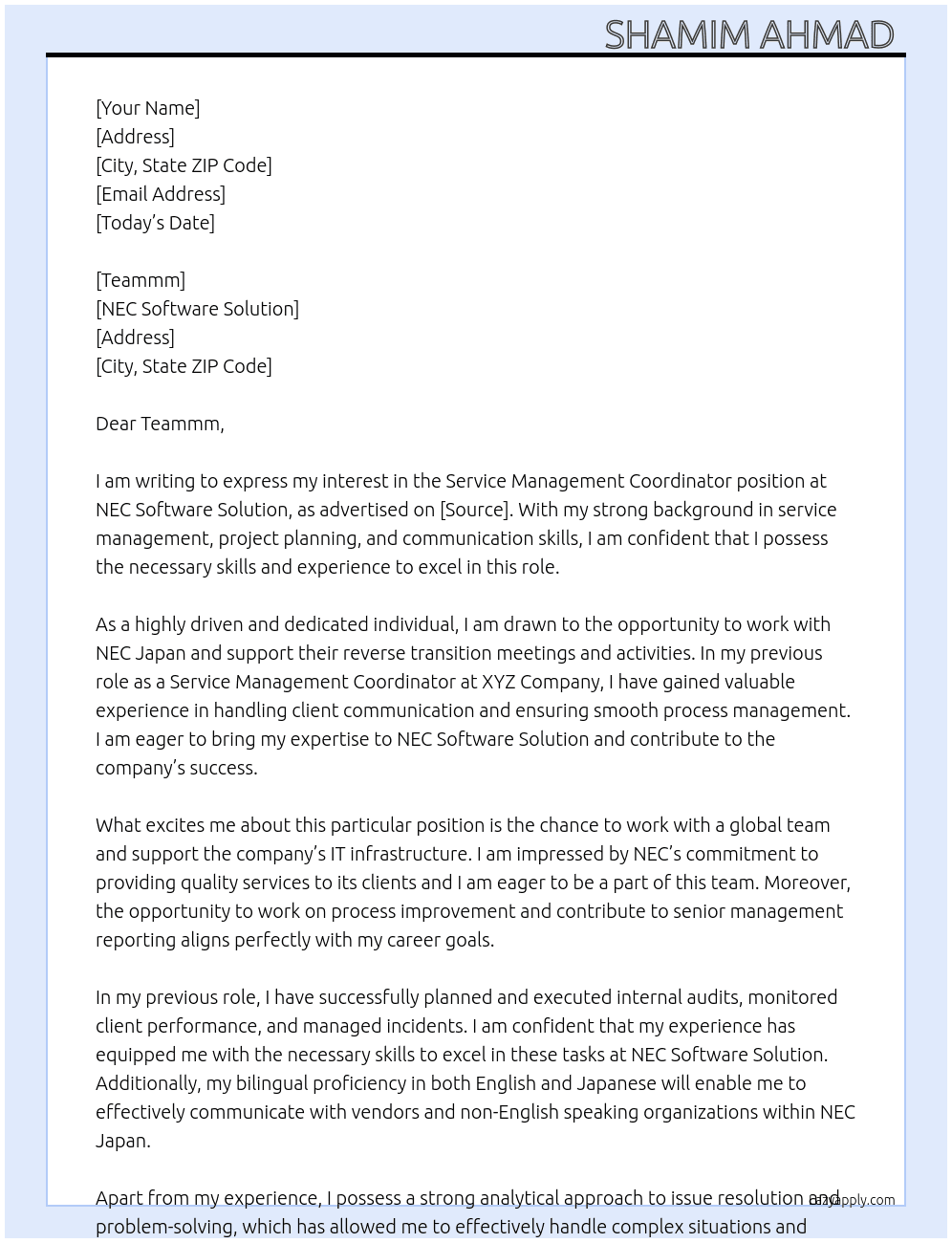 Service Management Coordinator  At NEC Software Solution  Cover Letter