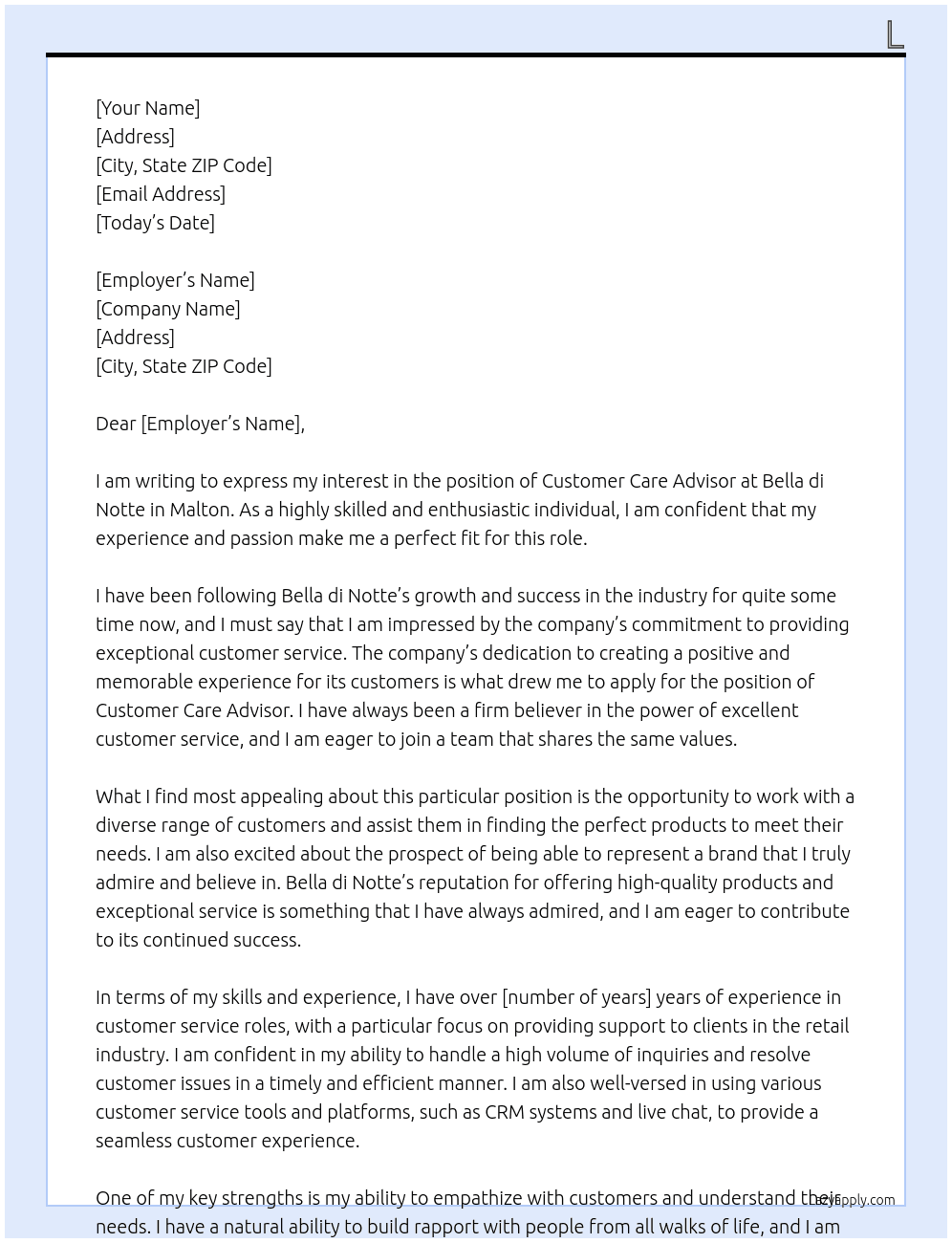 Customer Care Advisor At Bella di Notte Cover Letter