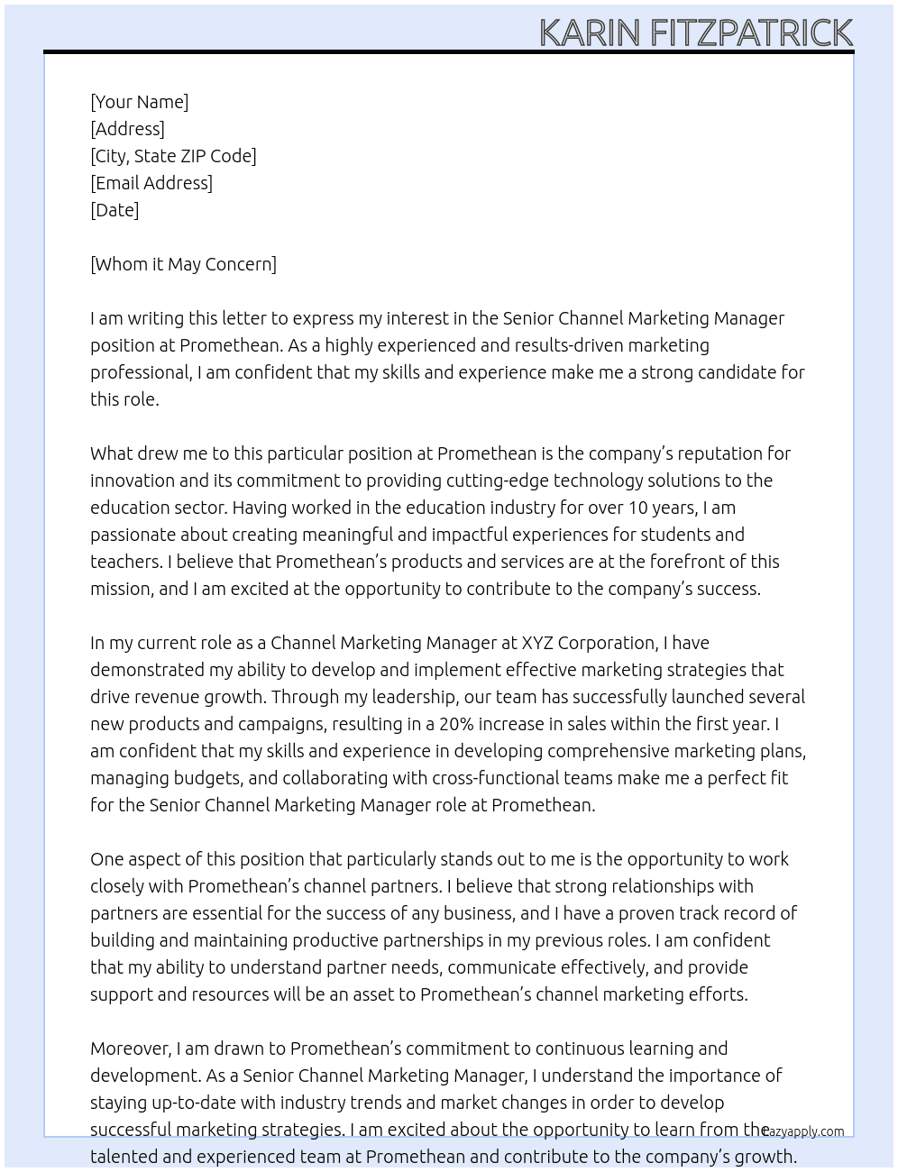 Senior Channel Marketing Manager At Promethean Cover Letter