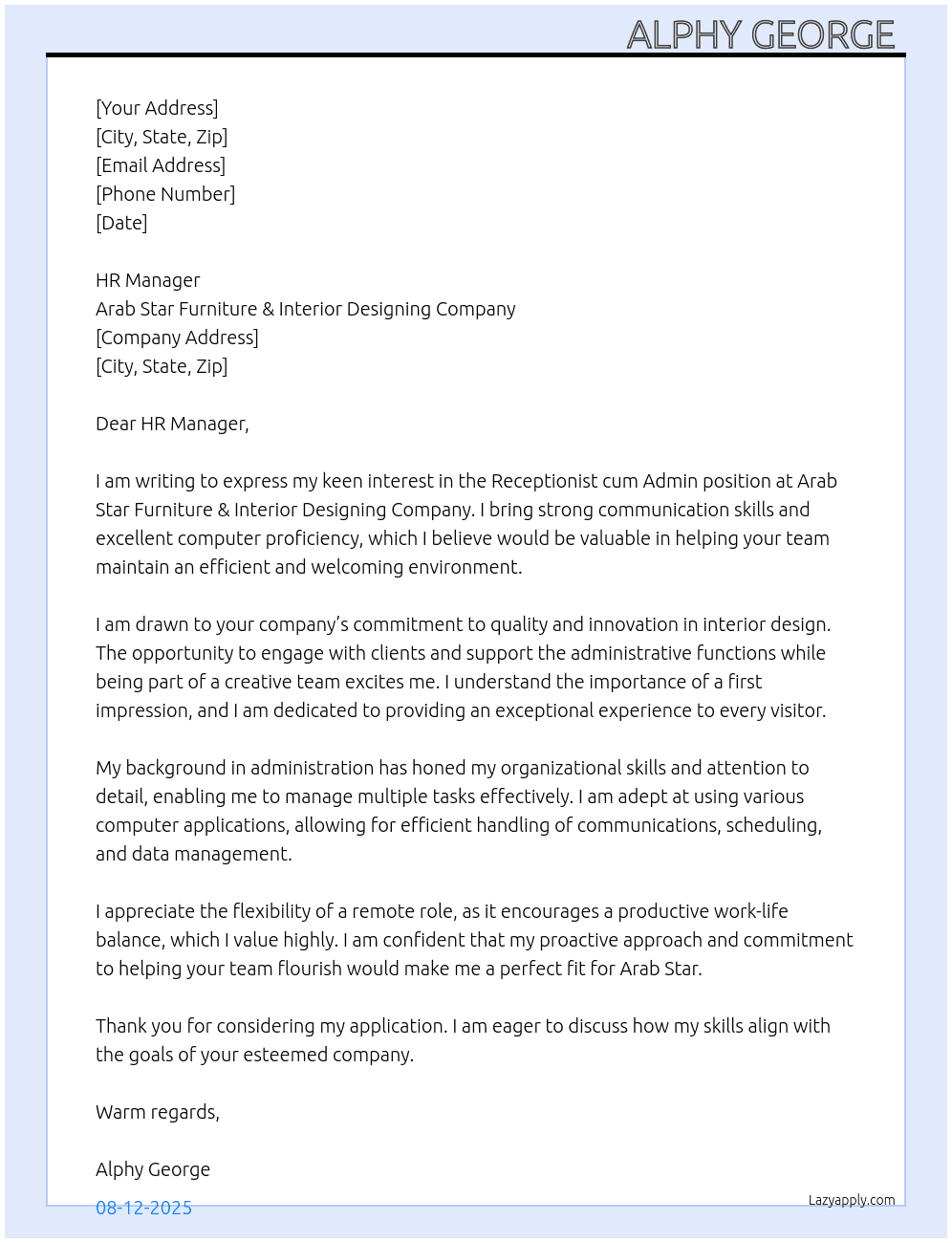 Cover letter for receptionist cum admin - LazyApply