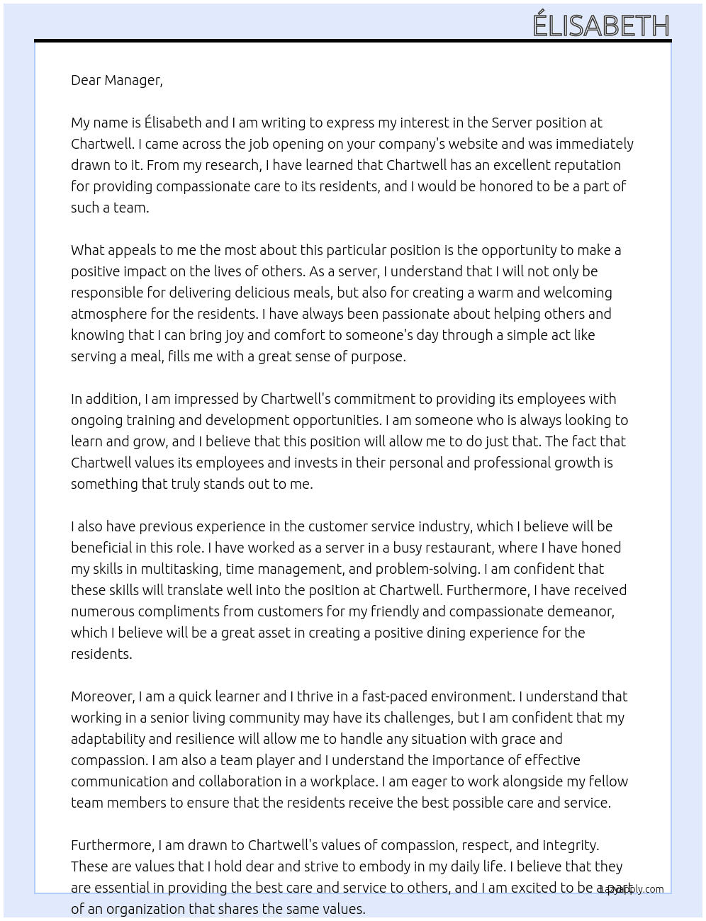 Server At Chartwell Cover Letter