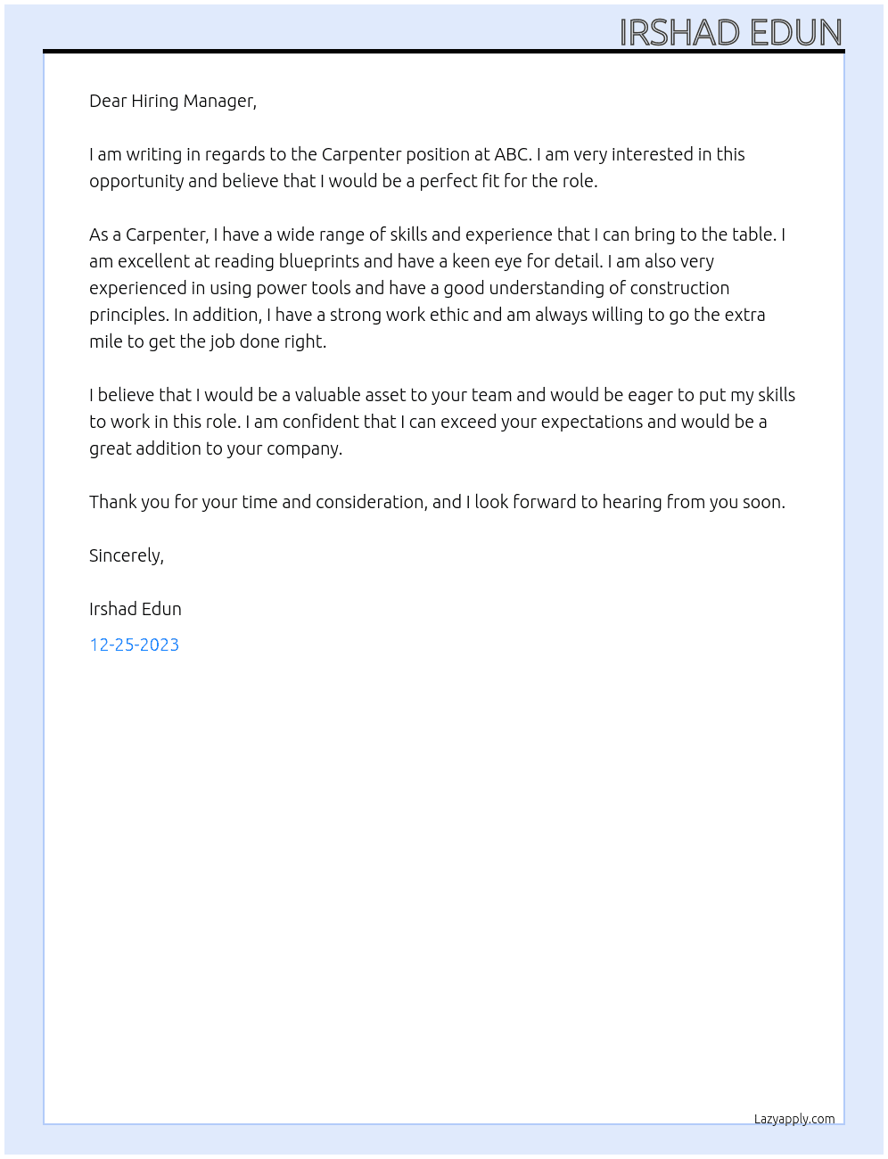 Carpenter At ABC Cover Letter