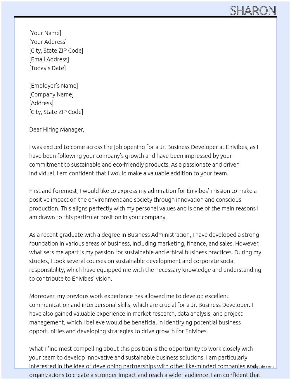 jr business developer At enivibes Cover Letter