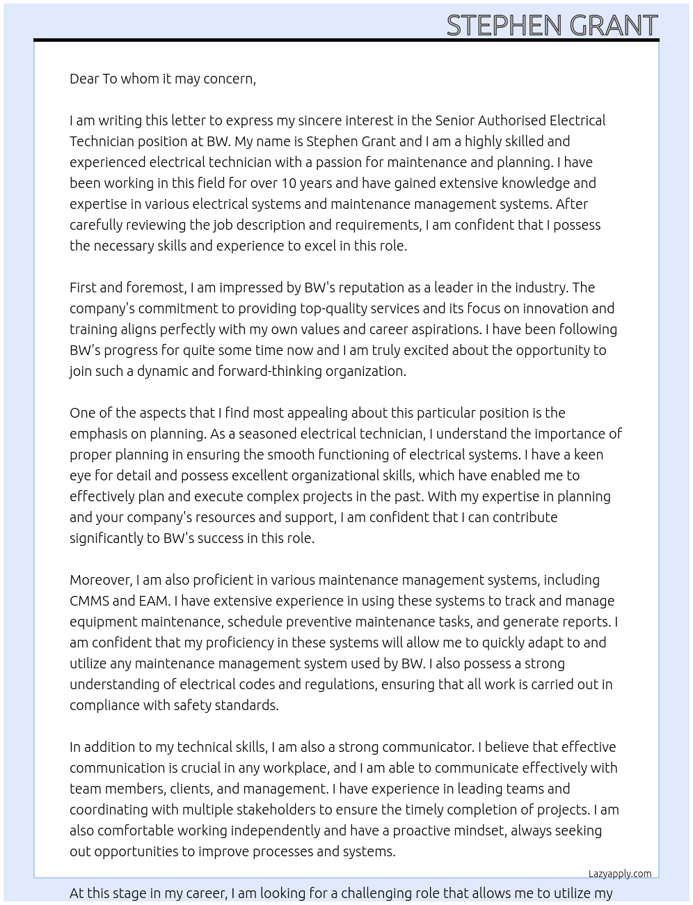 Senior Authorised Electrical Technician At BW  Cover Letter