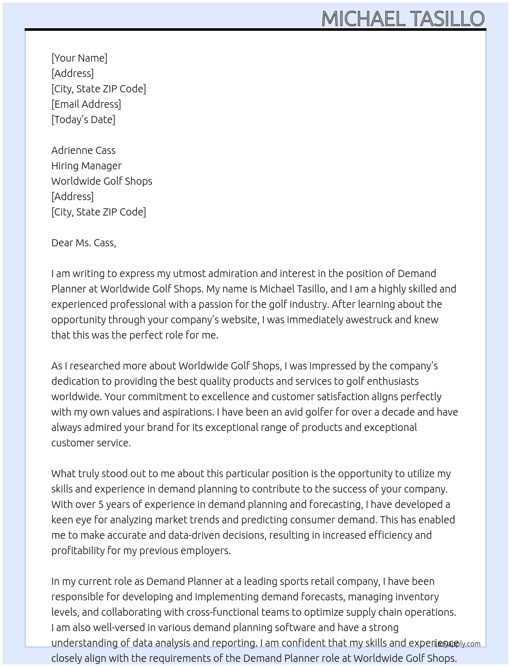 Demand Planner At Worldwide Golf Shops Cover Letter