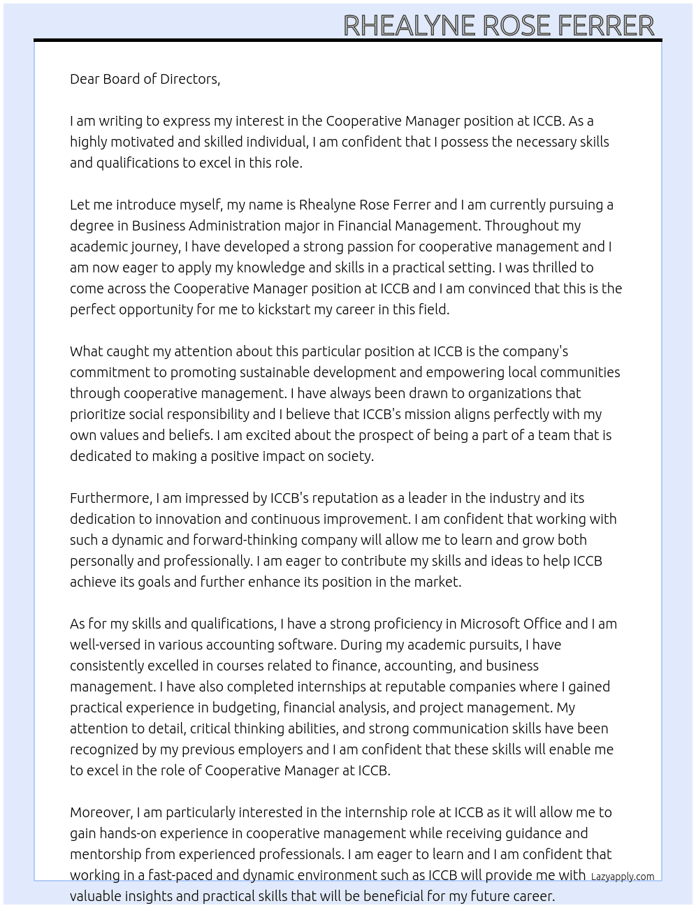 Cooperative Manager  At ICCB Cover Letter