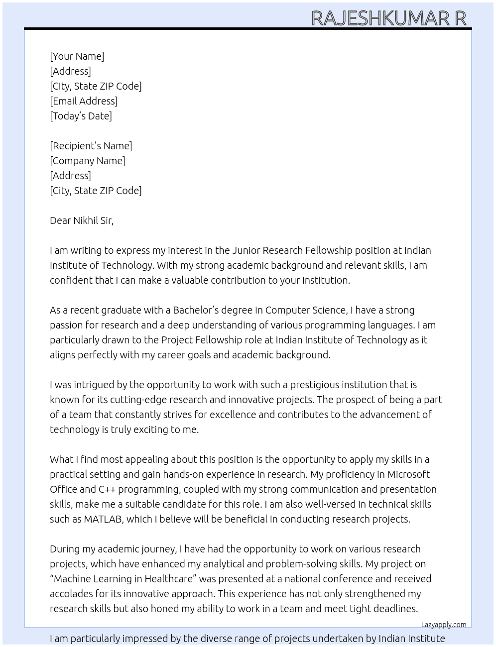 Junior Research fellowship  At Indian Institute of technology  Cover Letter
