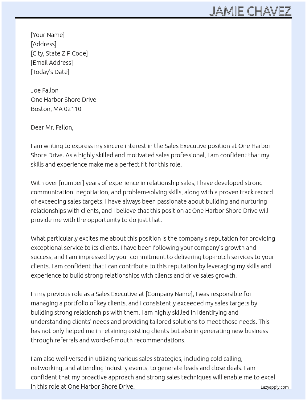 Sales Executive At One Harbor Shore Drive Cover Letter