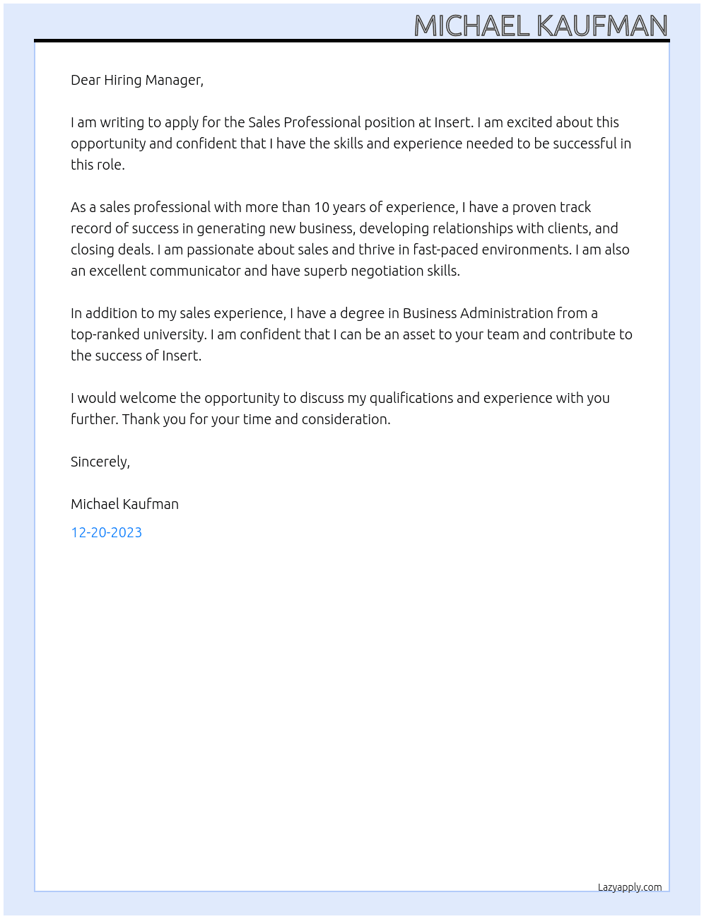Sales Professioinal At Insert Cover Letter