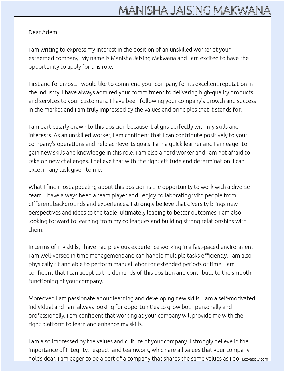 unskilled worker At Adem Cover Letter