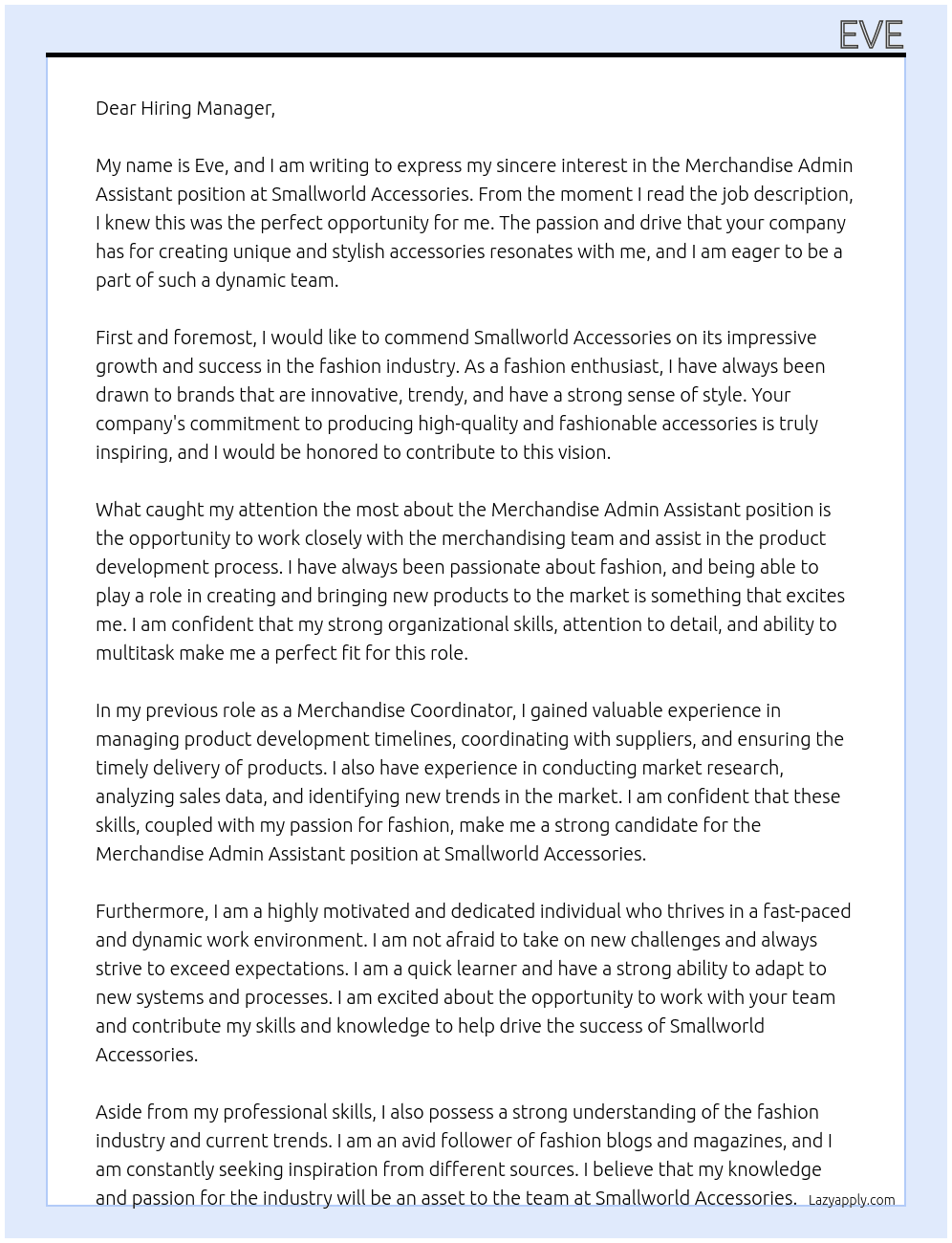 Merchandise Admin Assistant  At Smallworld Accessories  Cover Letter