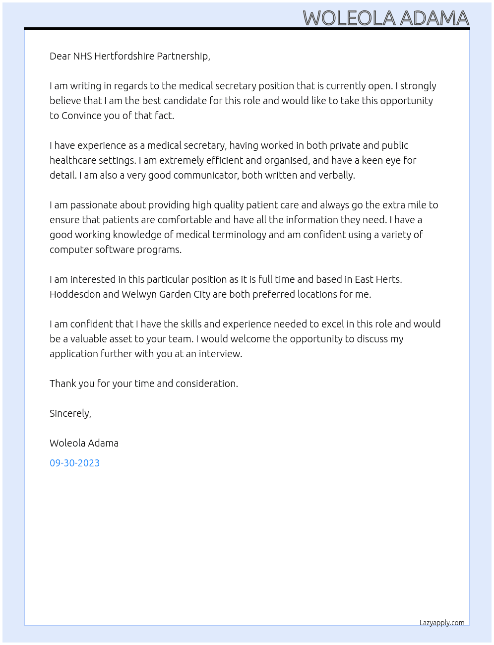 Medical secretary  At NHS Hertfordshire Partnership  Cover Letter