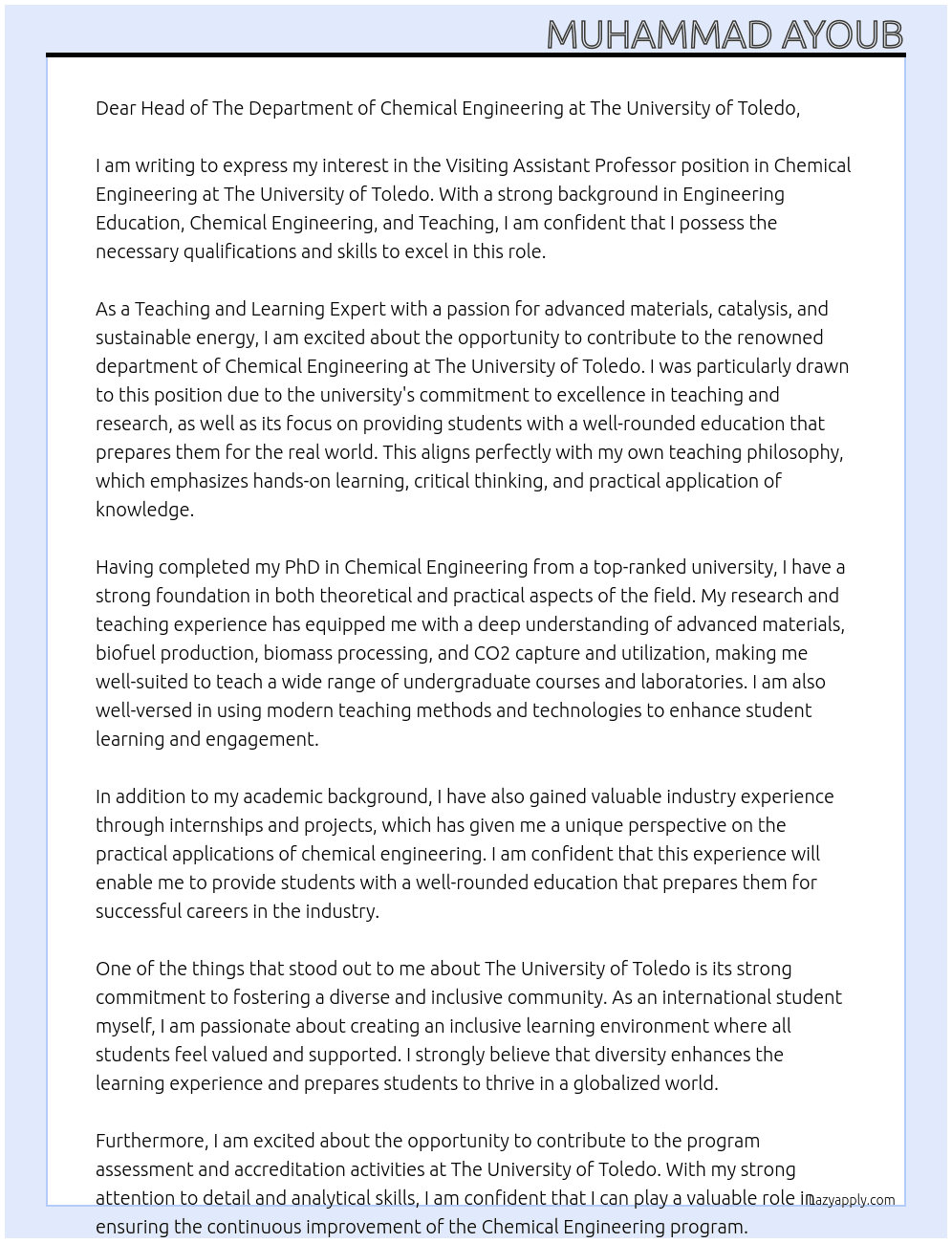 Visiting Assistant Professor, Chemical Engineering At  The University of Toledo Cover Letter