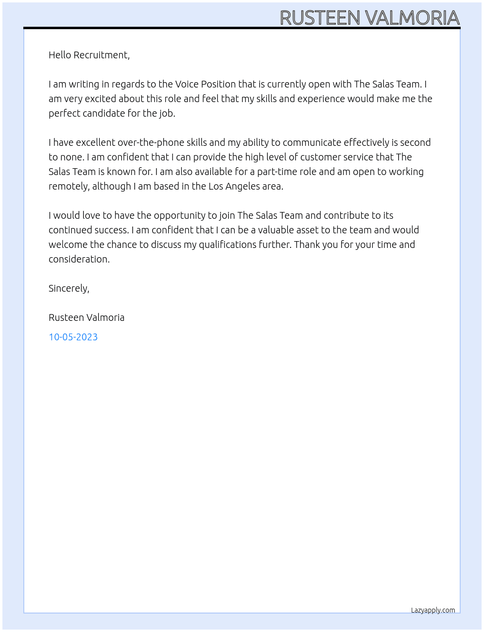 Voice Position At The Salas Team Cover Letter