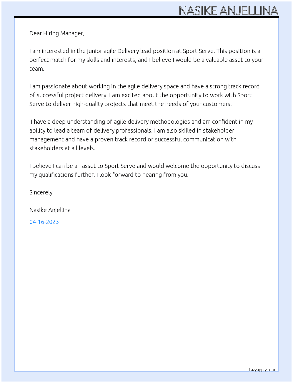 junior agile Delivery lead At Sport Serve Cover Letter