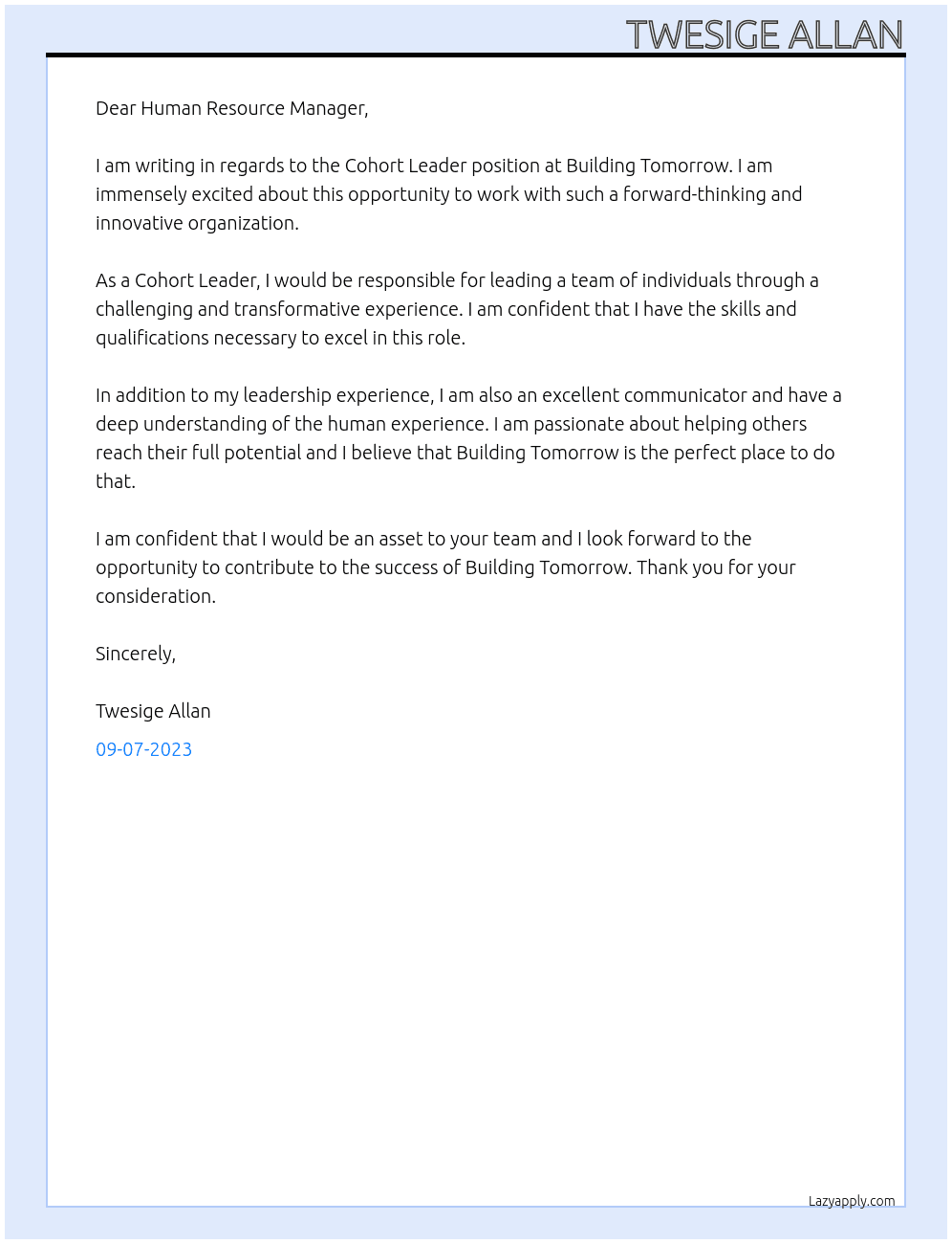 Cohort leader At Building Tomorrow  Cover Letter
