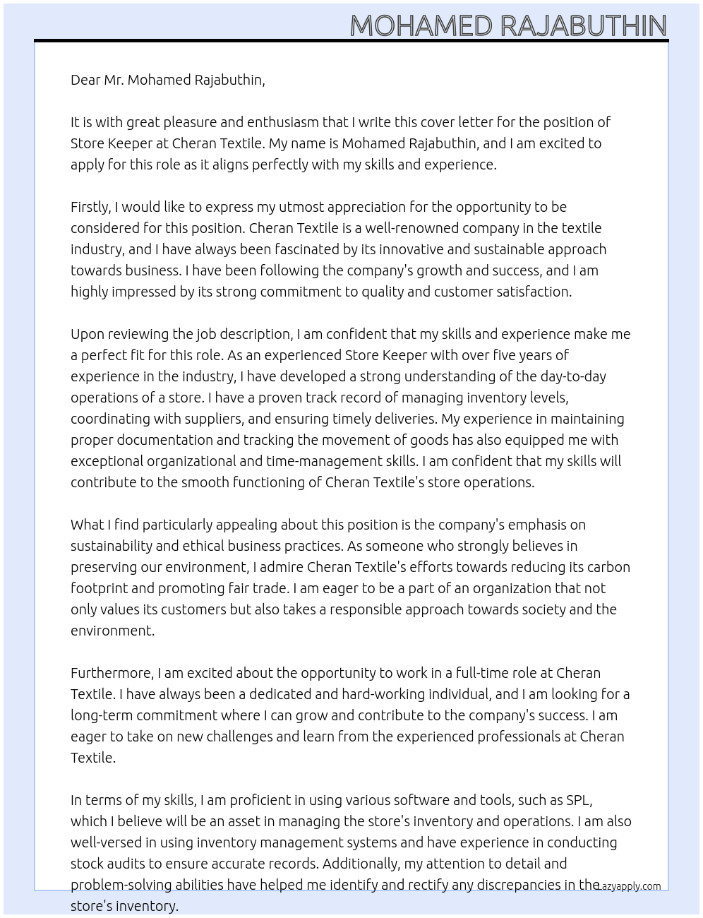 Store keeper  At Cheran textile  Cover Letter