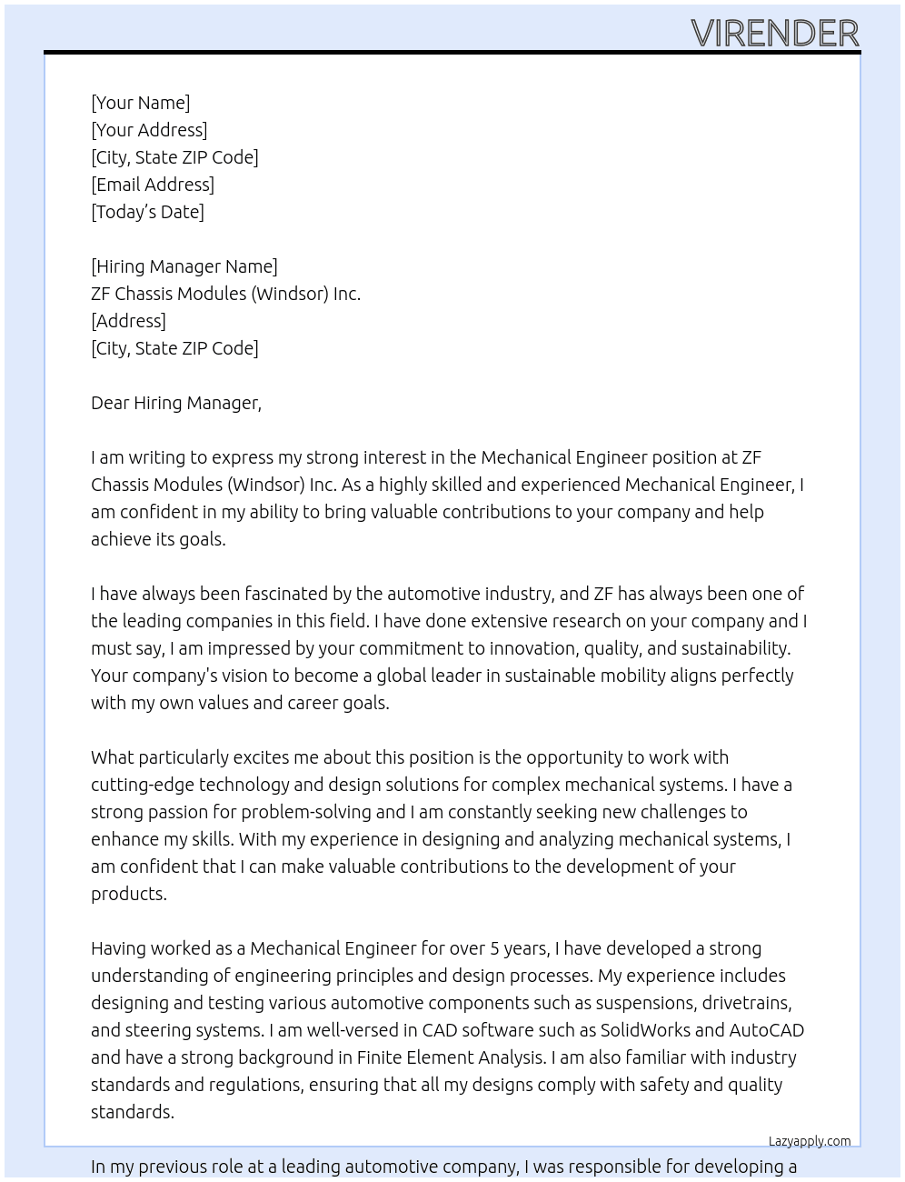 Mechanical Engineer At ZF Chassis Modules (Windsor) Inc. Cover Letter