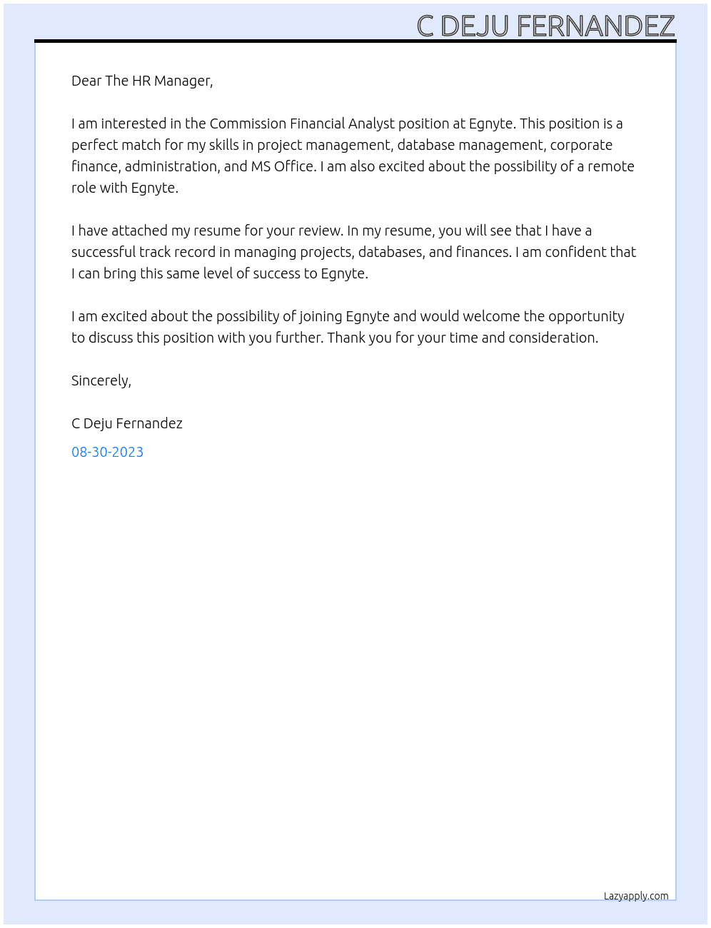 Commission Financial Analyst  At Egnyte Cover Letter