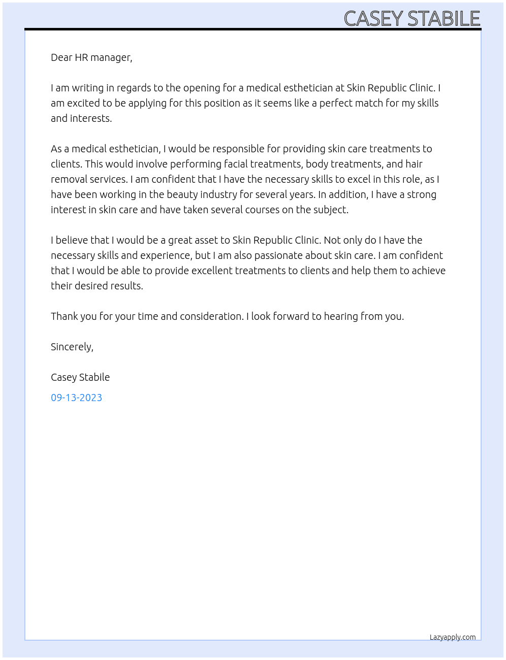 Medical Esthetician At Skin Republic Clinic Cover Letter