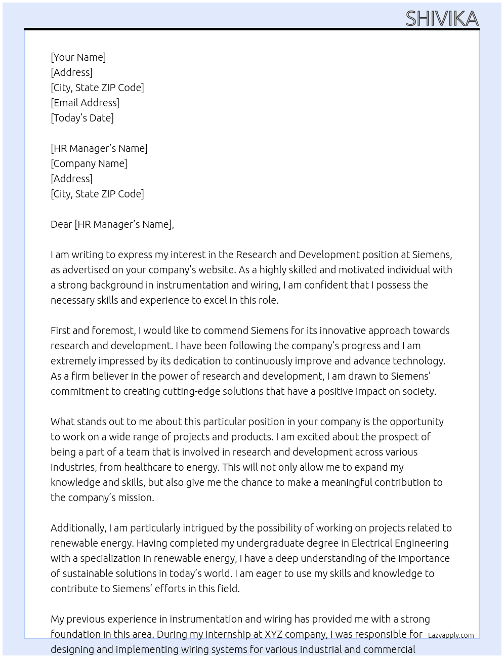 research and development  At Siemens Cover Letter