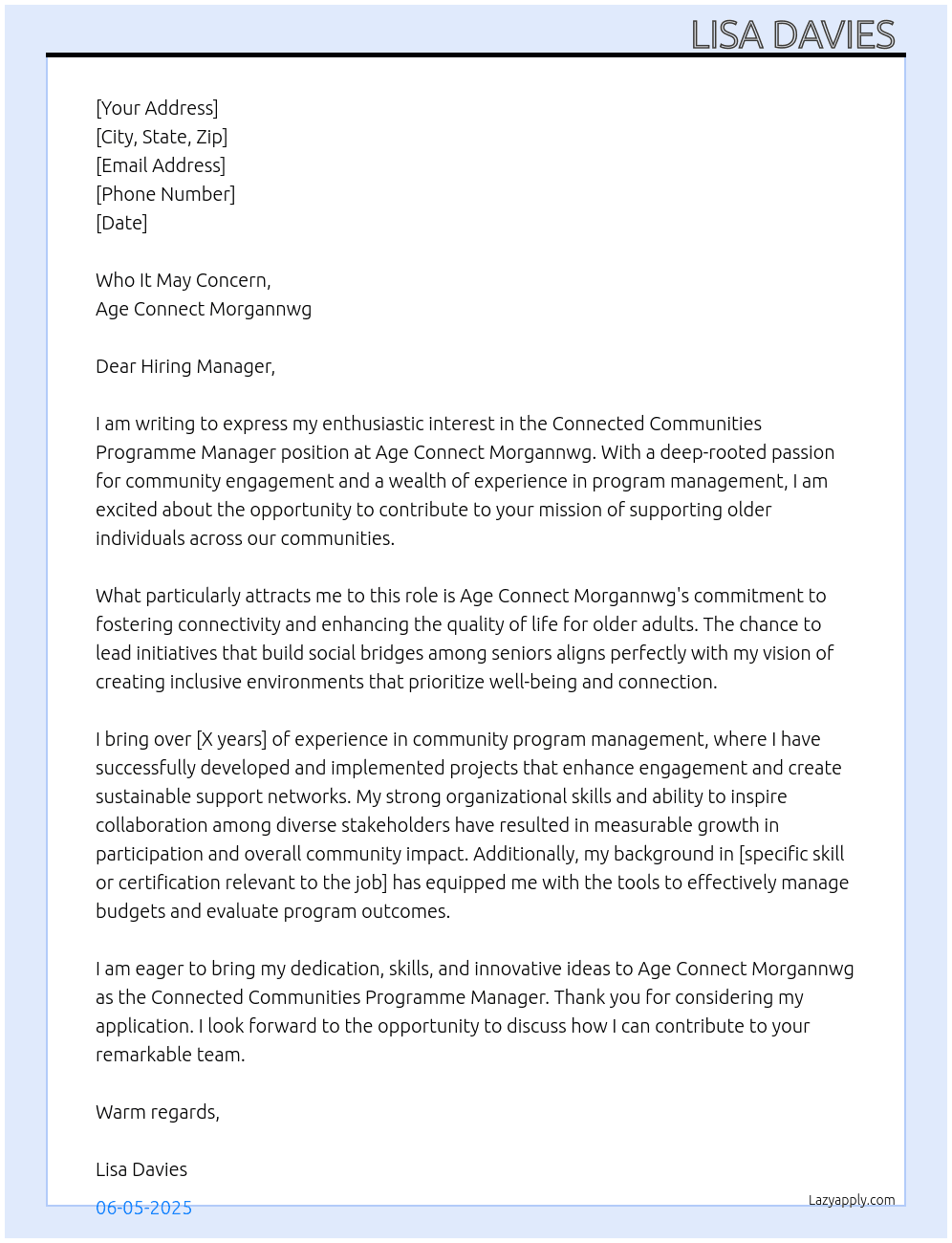 CONNECTED COMMUNITIES PROGRAMME MANAGER At Age connect Morgannwg  Cover Letter