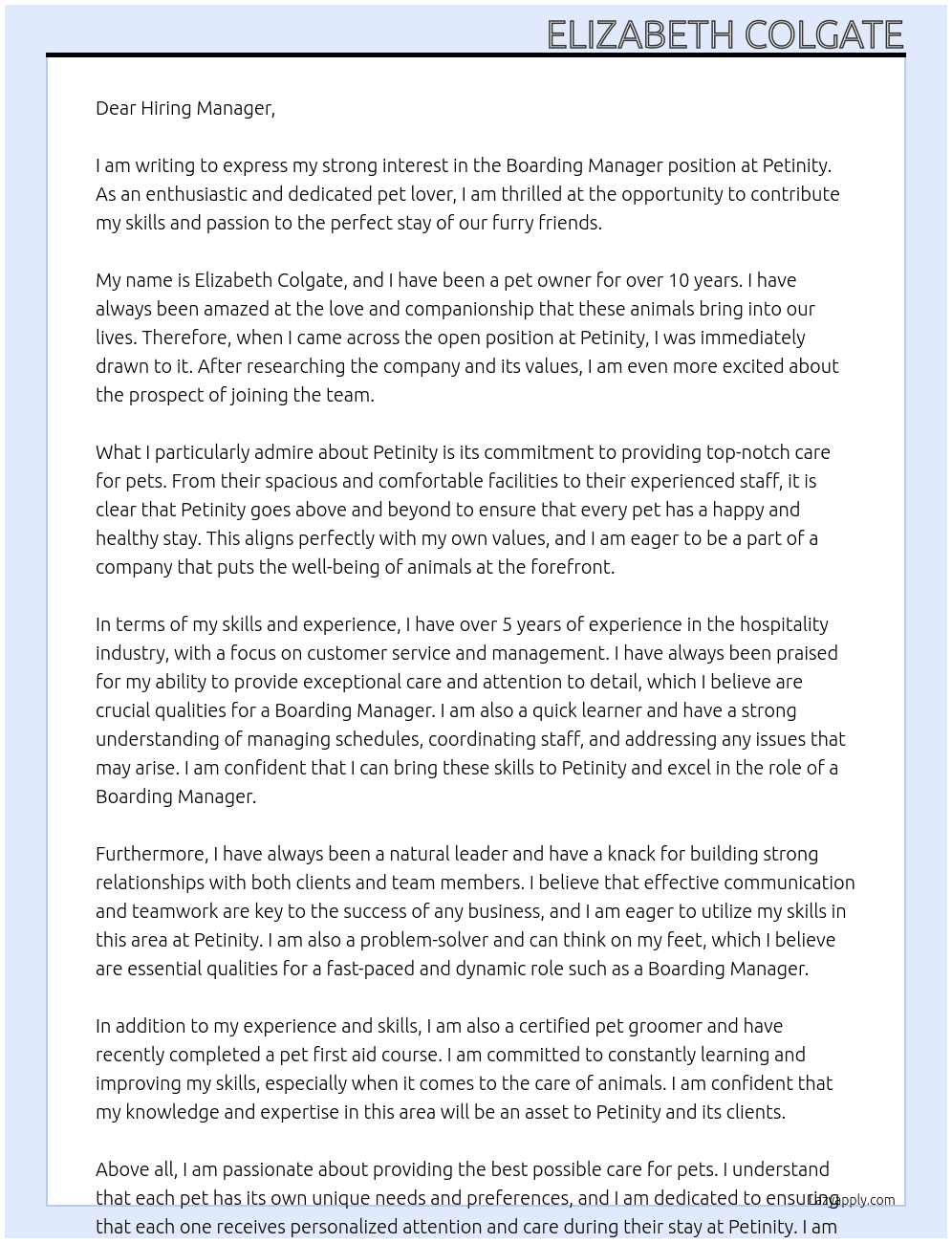 Boarding manager  At Petinity  Cover Letter
