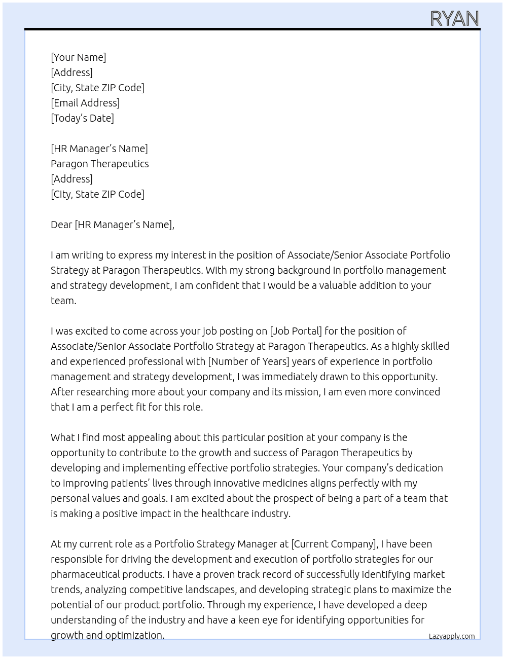 ASSOCIATE / SENIOR ASSOCIATE PORTFOLIO STRATEGY At Paragon Therapeutics Cover Letter