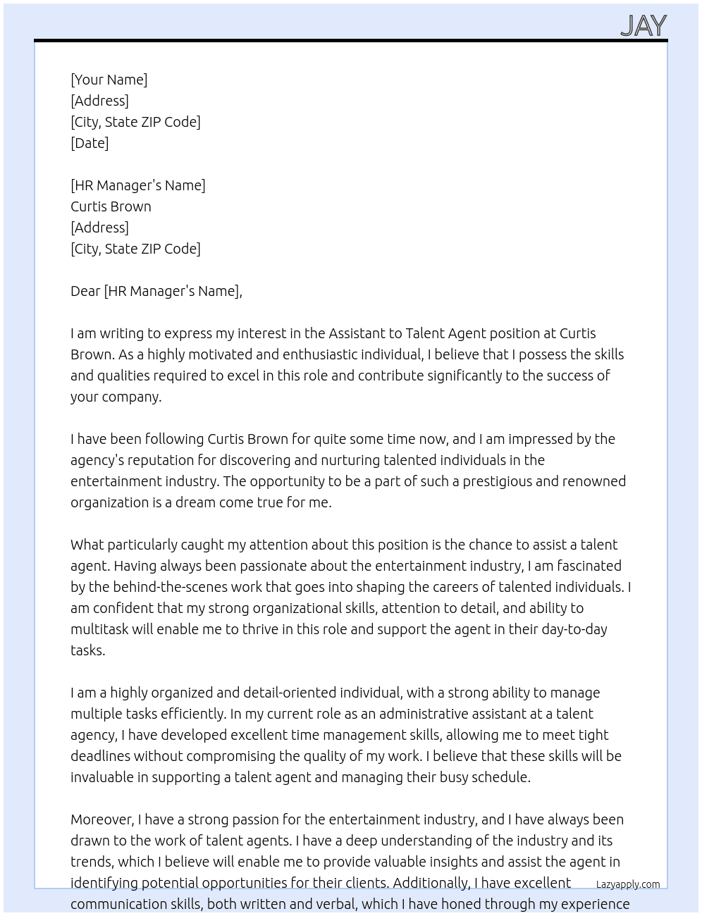 Assistant to Talent Agent At Curtis Brown Cover Letter