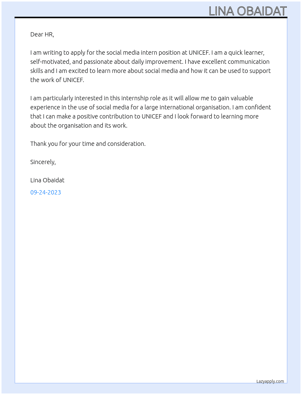 social media intern At unicef Cover Letter