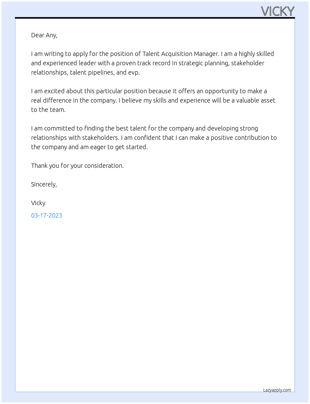 Talent Acquisition Manager At Any Cover Letter
