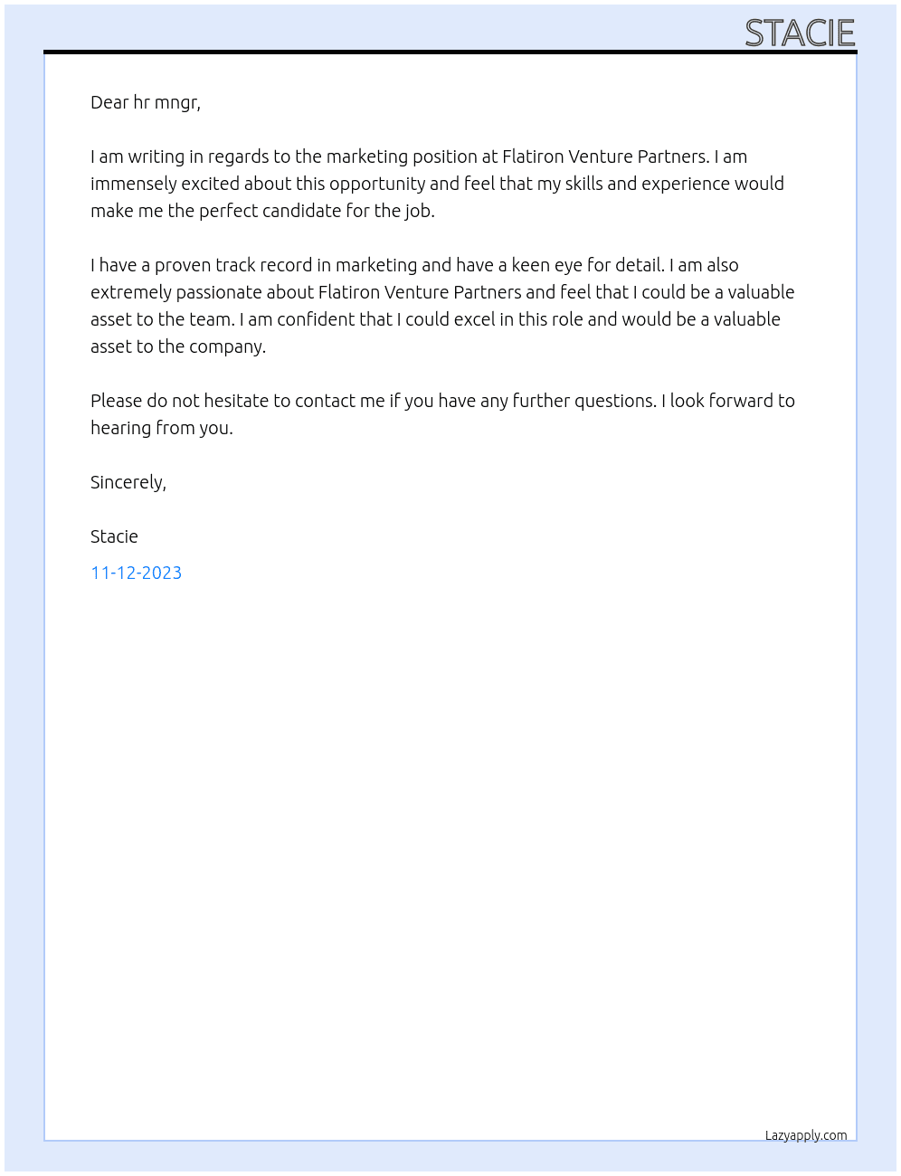 marketing At Flatiron Venture Partners Cover Letter
