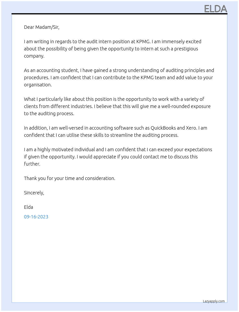 Audit intern At Kpmg Cover Letter
