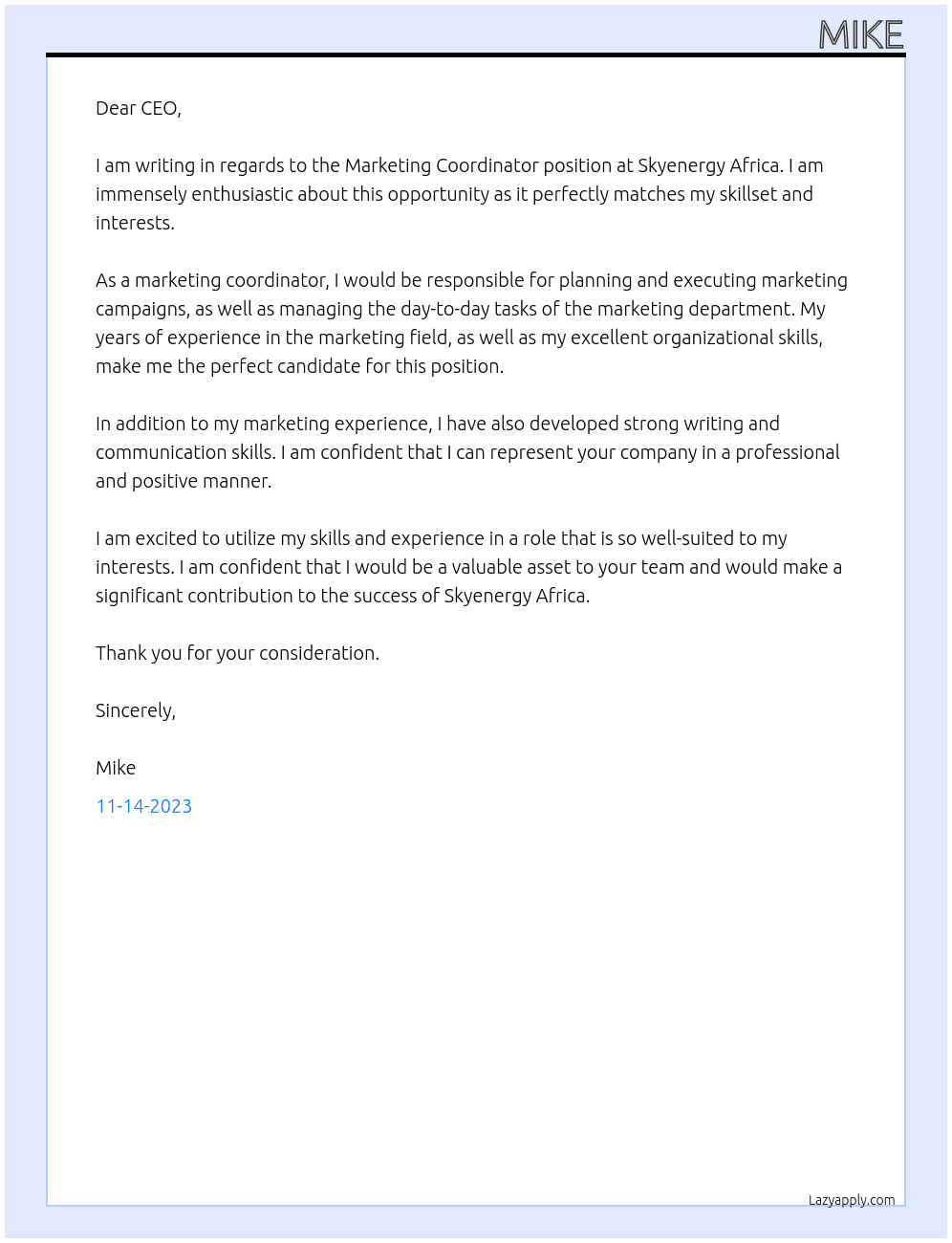 Marketing Coordinator At Skyenergy Africa Cover Letter