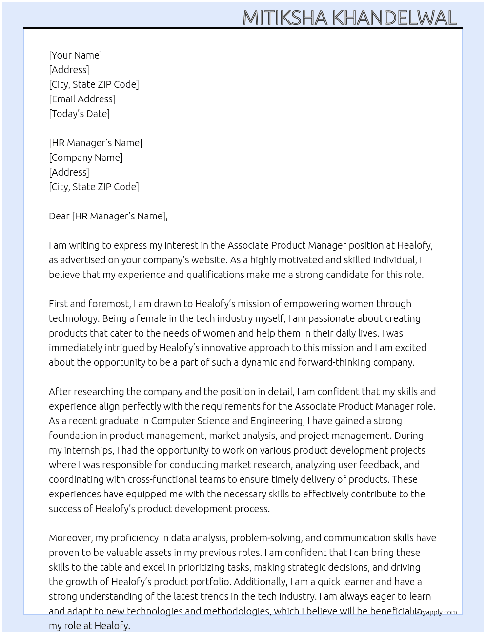 Associate Product Manager At Healofy Cover Letter